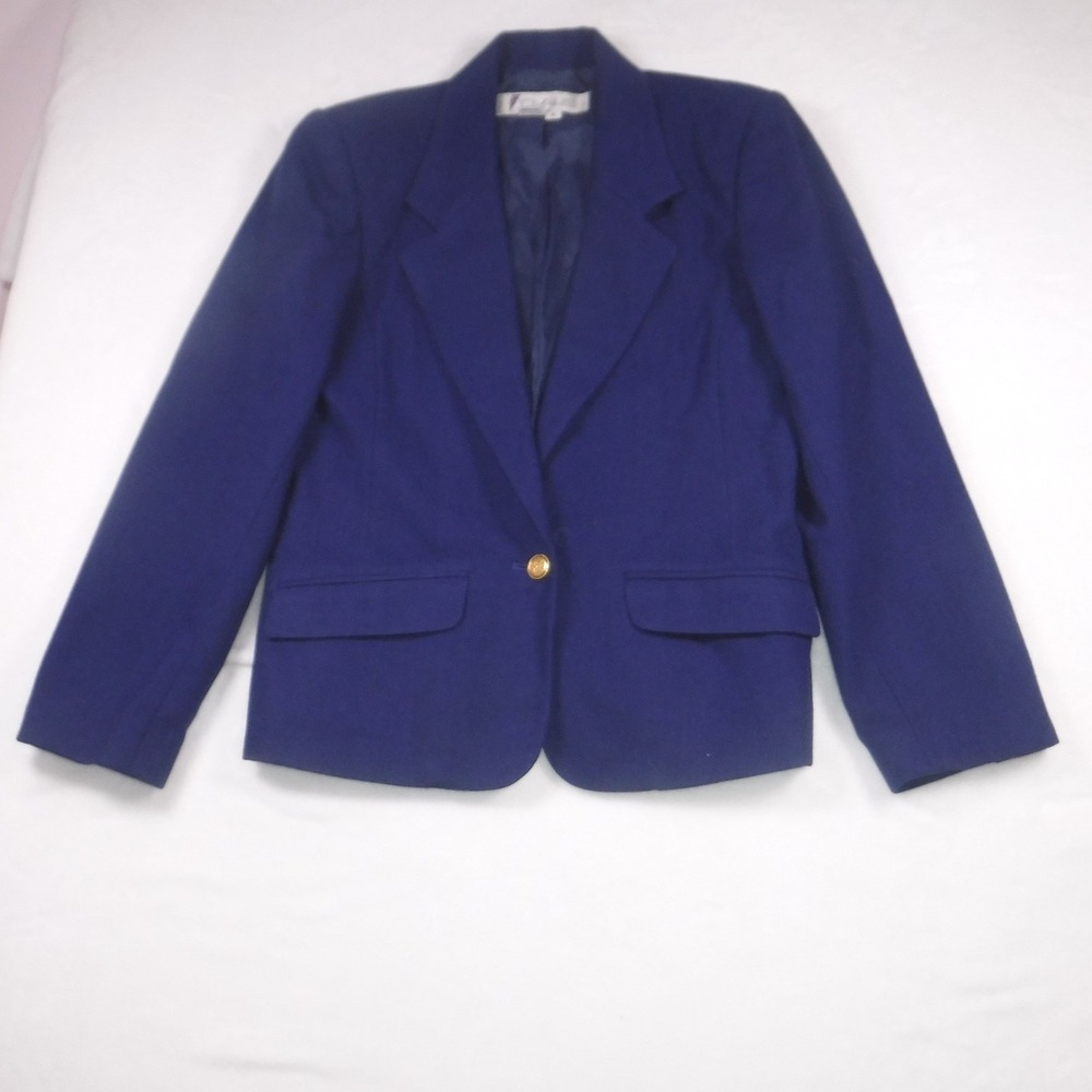 Vintage Chaus Royal Blue Wool Blend Single Button Blazer Gold Crest Buttons 6